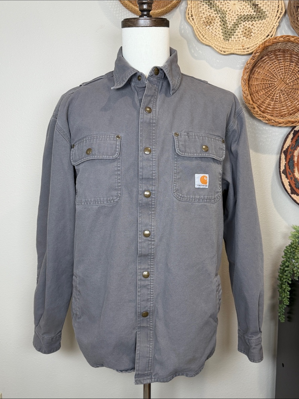 Carhartt Men’s Coat Flannel Lined Gray Cotton Jacket Shacket Snap Closure Large